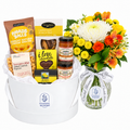 A Little Tassie Sunshine hamper with yellow flowers and Tasmanian gourmet treats – Coastal Blooms Penguin Tasmania