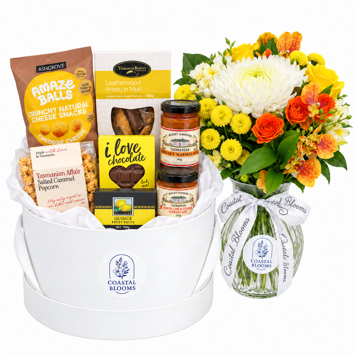 A Little Tassie Sunshine hamper with yellow flowers and Tasmanian gourmet treats – Coastal Blooms Penguin Tasmania