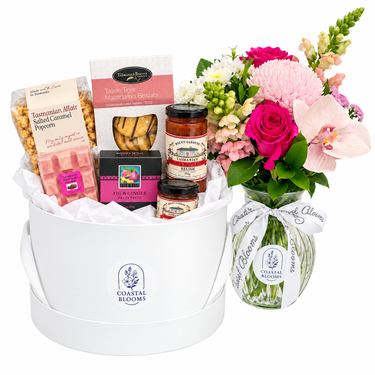 Blooms and Bites hamper with pink flowers and Tasmanian gourmet treats – Coastal Blooms Penguin Tasmania