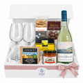 Cheese and wine hamper with Ninth Island wine, clear glasses, Tasmanian cheese, relish and gourmet treats