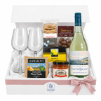 Cheese and wine hamper with Ninth Island wine, clear glasses, Tasmanian cheese, relish and gourmet treats