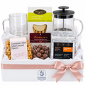 Coffee and sweets hamper with French press, mugs, Tasmanian coffee, shortbread, popcorn and chocolate almonds