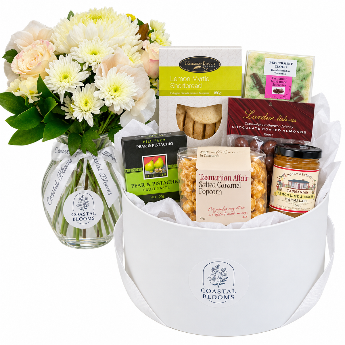 Flourish and Feast hamper with white and green flowers, Tasmanian gourmet treats and optional wine – Coastal Blooms