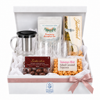 Tea time treats hamper with glass teapot, mugs, Tasmanian tea, shortbread, popcorn and chocolate almonds